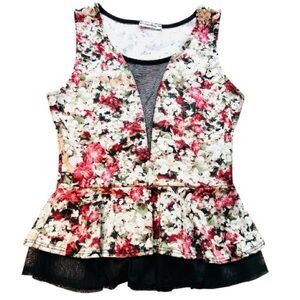 Women Mesh Peplum Top Elegant Sweetheart Sleeveless Floral Size XS-Cherry Mellow